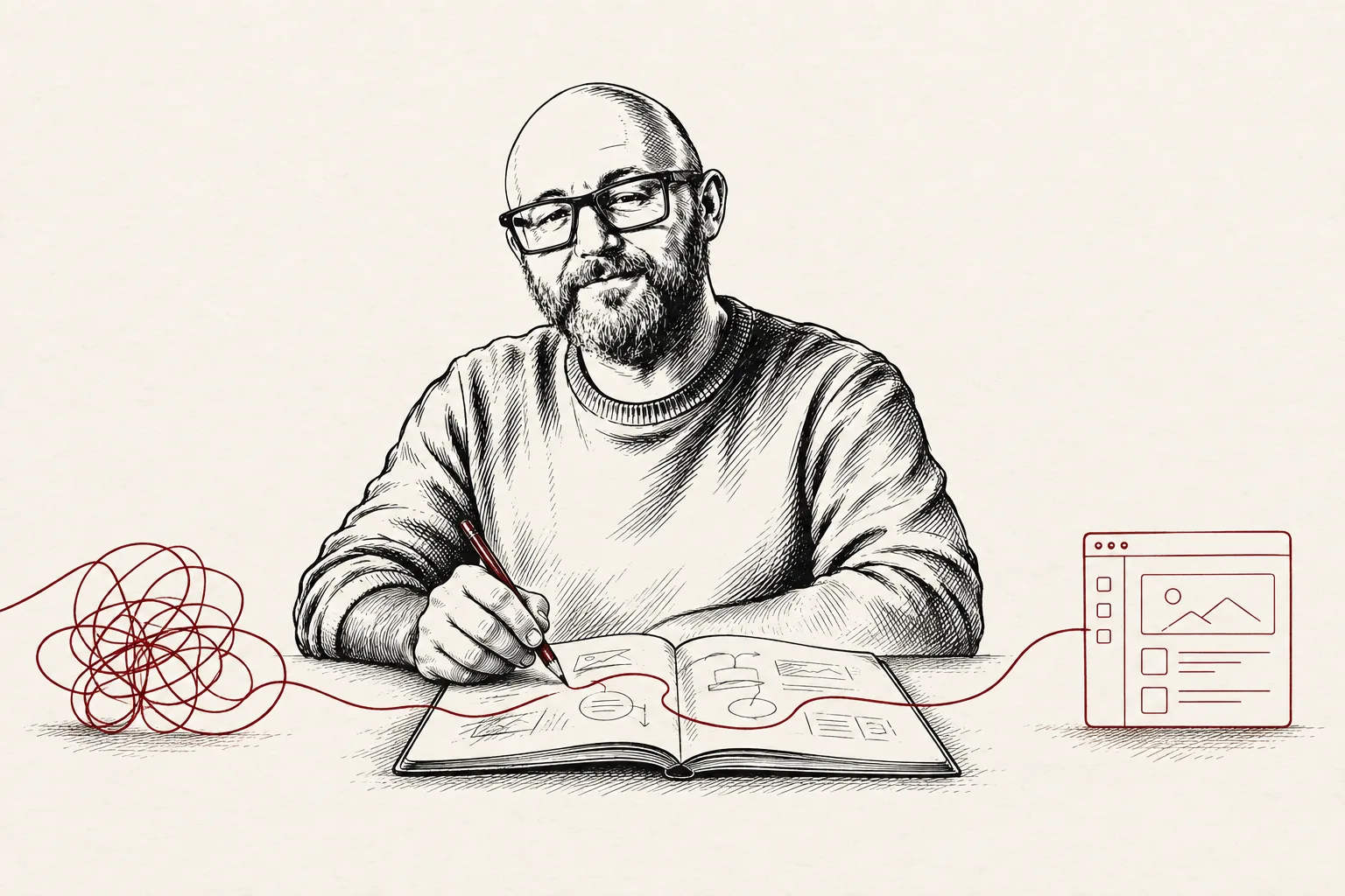 Rysunek Bartosza przy notebooku: burgundowa linia prowadzi od splątanej myśli do projektu aplikacji